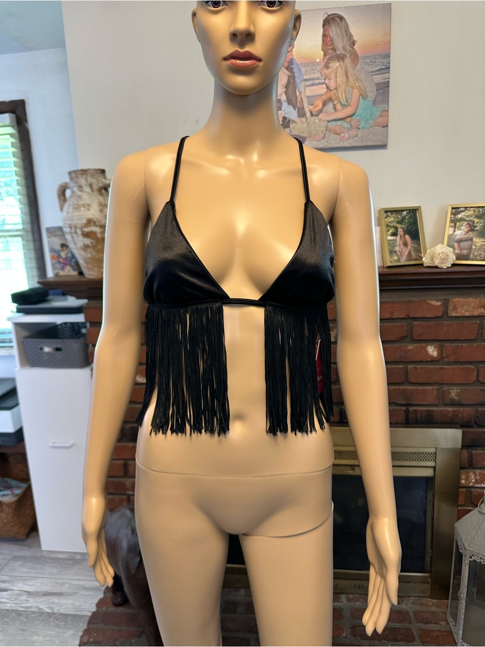 Black Fringe Triangle Bralette Top -medium